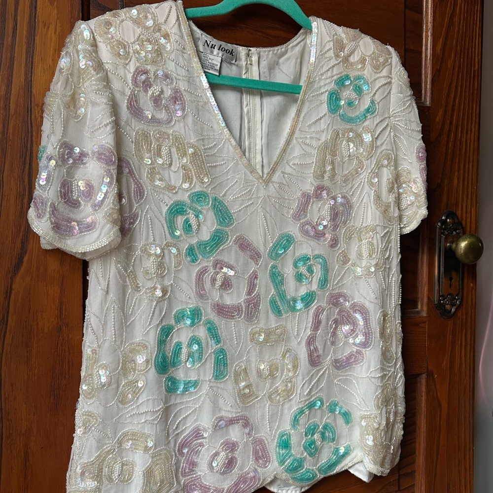 Vintage Floral Sequined Embroidered Teal, Pink & White Blouse - Picture 2 of 10
